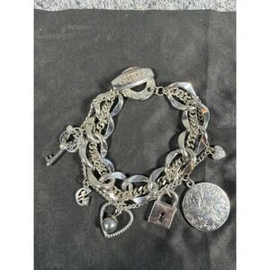 Guess York Silver Tone Multi Strand Charm Bracelet Heart Lock Key Toggle Clasp
